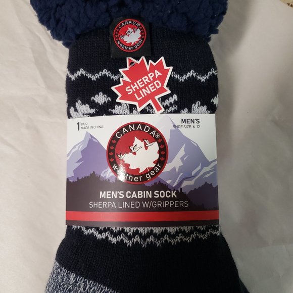 CANADA Weather Gear SHERPA LINED Men’s Cabin Socks ~ Size 6-12~ Navy Snowflakes - Picture 2 of 6